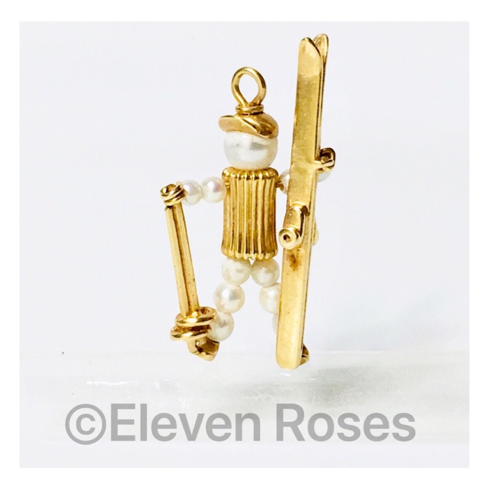 14k Gold Pearl Ski Figure Pendant